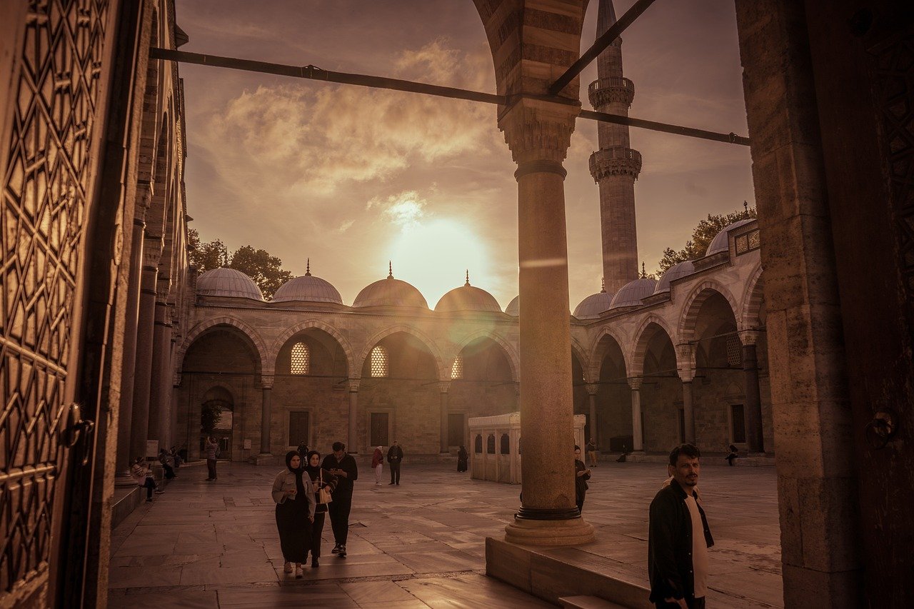 istanbul, turkey, mosque courtyard, islamic architecture, ottoman architecture, suleymaniye mosque, sunset, courtyard, arches, people, travel, culture, nature, religion, heritage, historical building, tourism